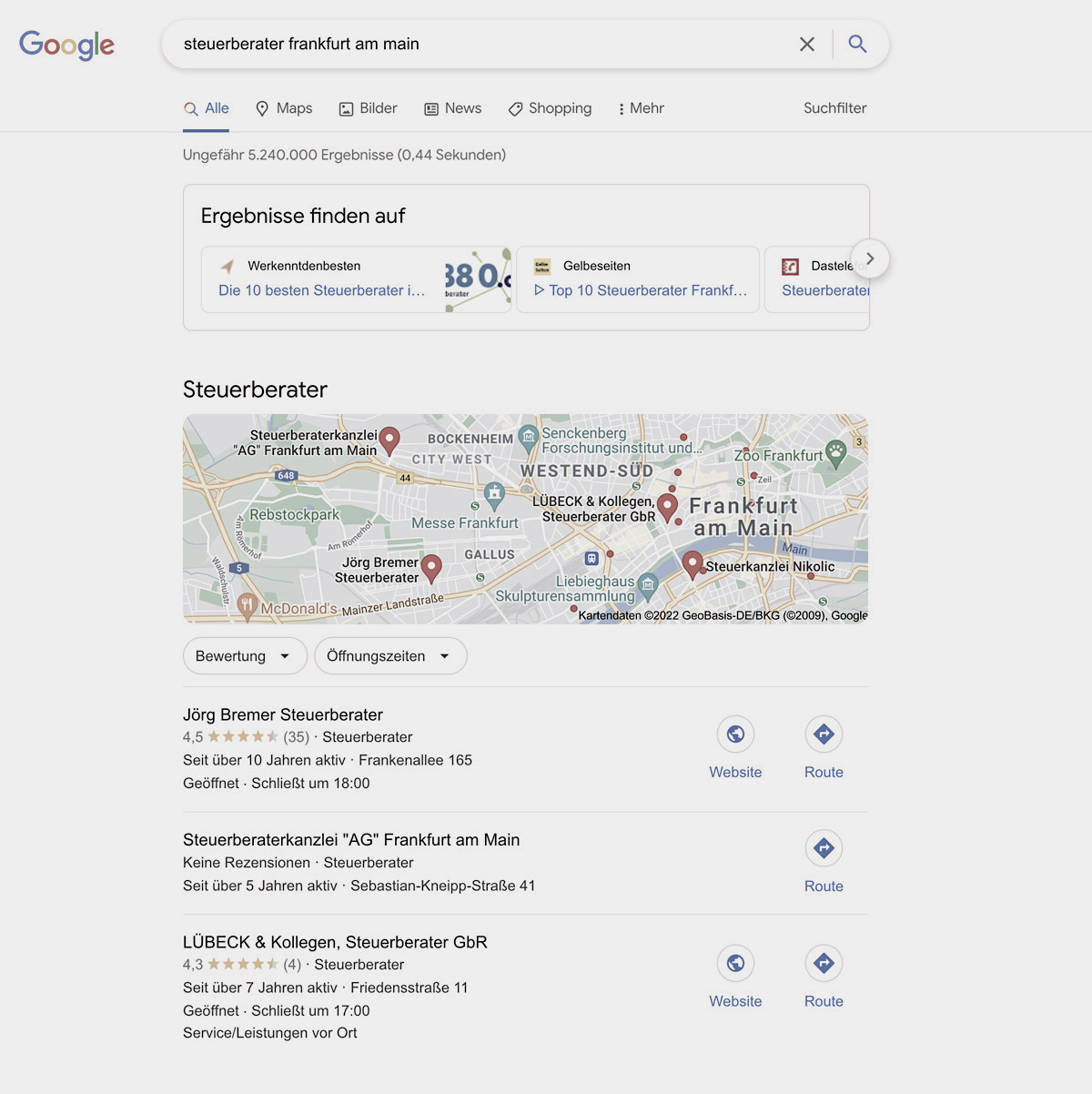 Beispiel Steuerberatung Frankfurt - Lokale Suchtreffer in Google Kartenansicht ohne Umland